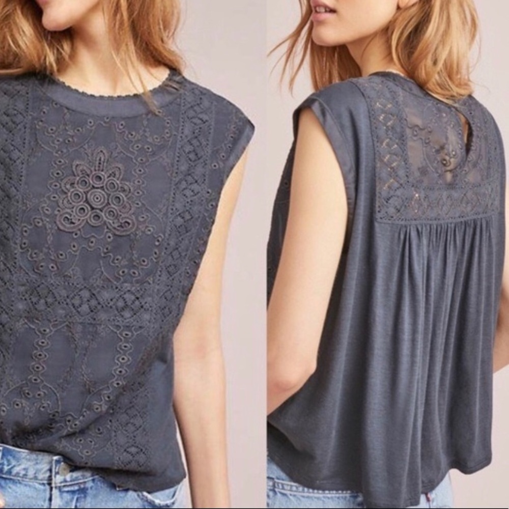 Anthropologie Slate Blue Eyelet-Detail Sleeveless Blouse